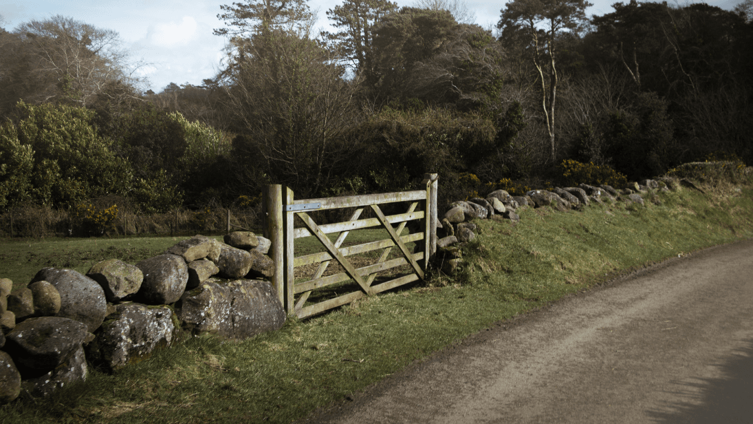 Country lane with stone wall and wooden fence