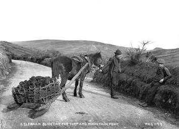 A mountain pony and slide car laden with turf, Glenaan