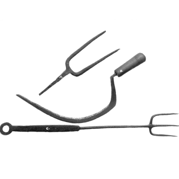 A set of tools; one two pronged metal head, one three pronged metal fork, one scythe.