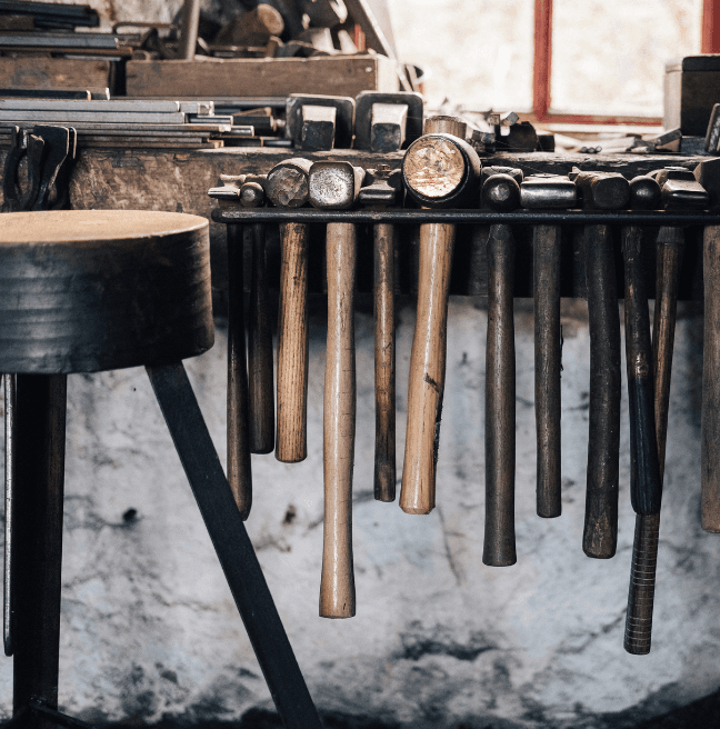 A row of blacksmith's hammers. 